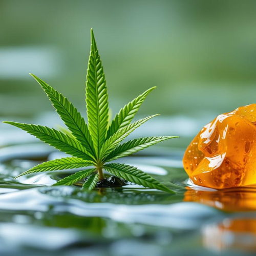 A serene natural setting featuring a vibrant green plant representing CBD alongside glossy amber resin symbolizing beta-boswellic acid, with soft lighting that highlights their textures, surrounded by soothing elements like gentle waves or flowing water to evoke a sense of joint health and wellness.