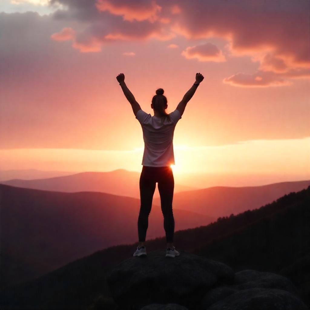 An uplifting image of a person standing at the top of a mountain at sunrise, arms raised in triumph. The vibrant sky transitions from soft pinks to warm golds, symbolizing achievement and new beginnings. The focus is on the person’s silhouette, highlighting strength, determination, and success in their wellness journey. The scene evokes a sense of accomplishment and motivation, inspiring viewers to take charge of their own goals.