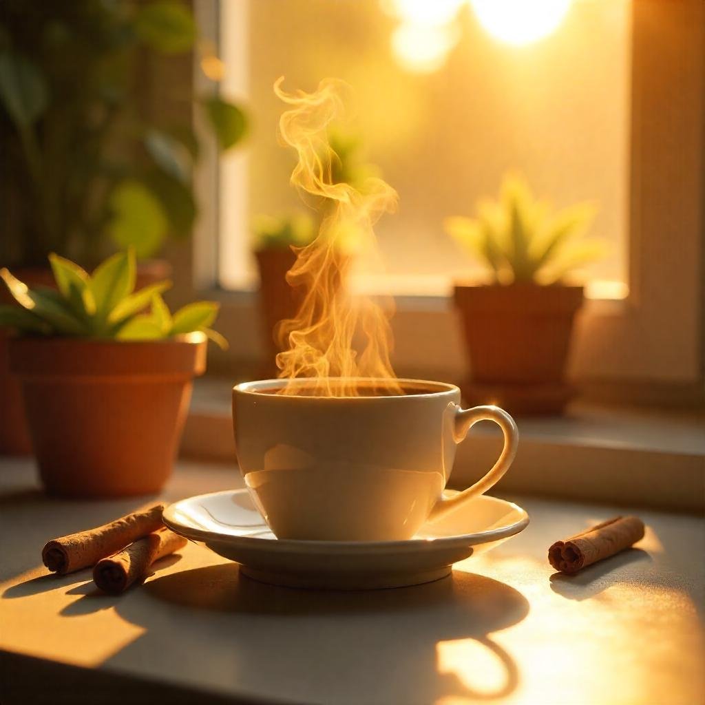 A steaming cup of coffee on a modern kitchen counter at sunrise, with a vibrant and energetic background. The coffee is surrounded by natural ingredients like green tea leaves, cinnamon sticks, and a small jar of chromium supplements. The scene evokes warmth, energy, and vitality, symbolizing a fresh start to the day. The focus is on the coffee cup, with sunlight streaming through a window, creating a motivational and uplifting atmosphere.
