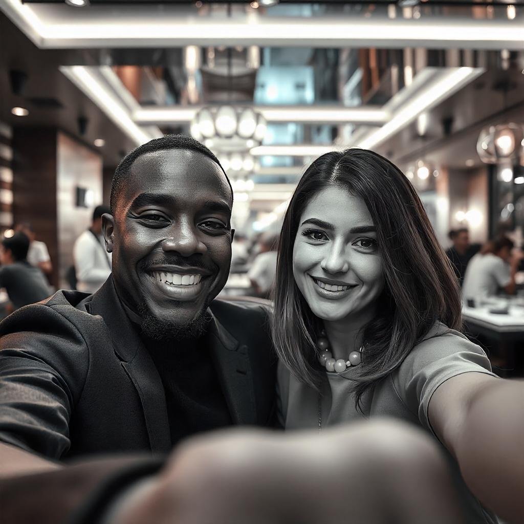 An extremely beautiful couple posing for a photo in a restuarant.